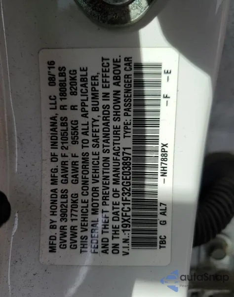 2016 Honda Civic Ex from USA, damaged, VIN 19XFC1F32GE038971